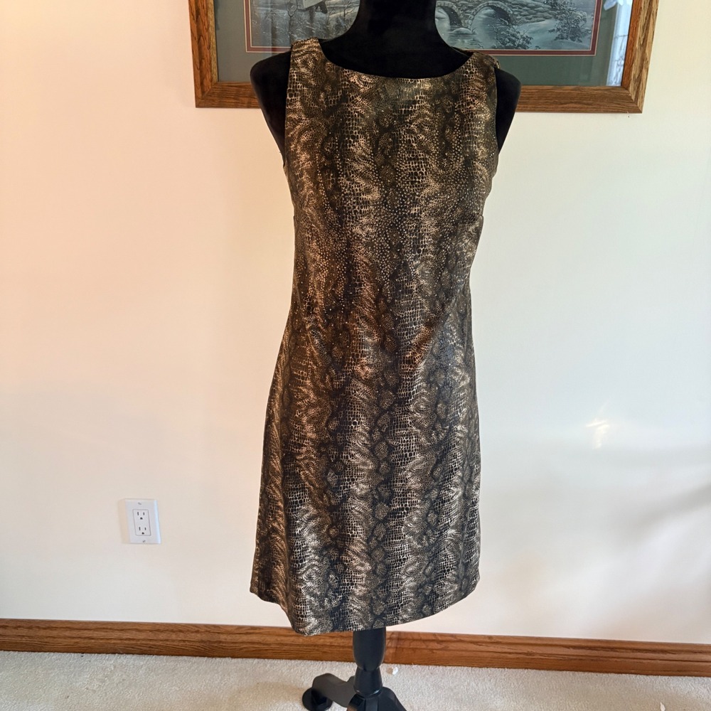 CDC Snakeskin Sheath Dress Womens Size 6 Gold Metallic Animal Print Cocktail